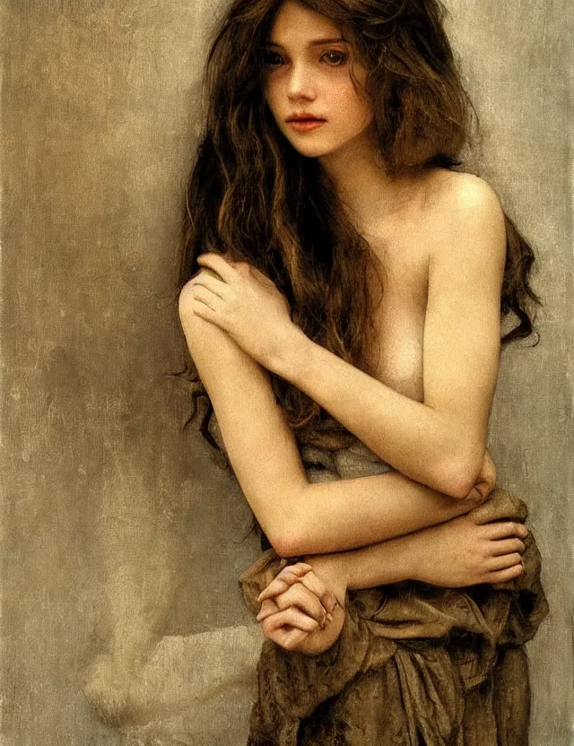 Prompt: tempting peasant girl with deep décolleté looking in the camera, high angle view, portrait , Cinematic focus, Polaroid photo, vintage, neutral colors, soft lights, foggy, by Steve Hanks, by Serov Valentin, by lisa yuskavage, by Andrei Tarkovsky 8k render, detailed, oil on canvas