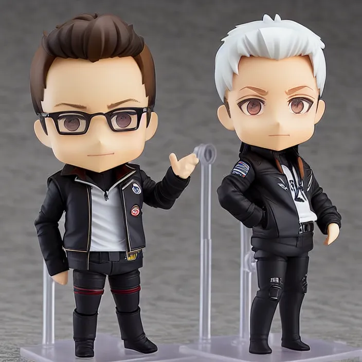 Image similar to One! Anime Nendoroid figurine of ELON MUSK With Leather Jacket And Black Pants, fantasy, figurine , product photo