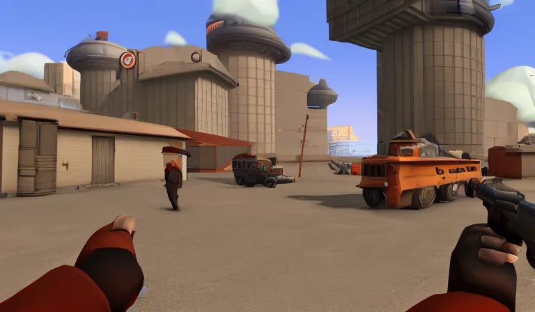 Image similar to Team Fortress 2 by Tadanori Yokoo, PC game, source engine, gameplay screenshot, first-person pov