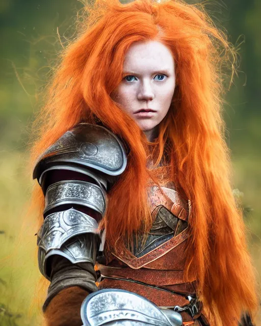 Prompt: north adult female warrior, red hair, ginger hair, long hair, fantasy, female Viking, high detailed, photography, cloudy, lightweight leather armour, Scandinavia, plain, detailed face, beautiful face, beautiful girl, look into the distance, professional model, glowing skin, serious face, full body,in full growth, professional photographer, masterpiece, 50 mm, extremely detailed, sharp focus, 8k, 3D