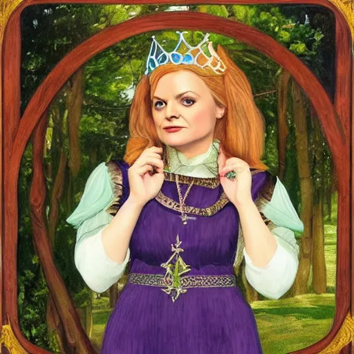 Image similar to leslie knope as a fantasy queen, preraphaelite painting