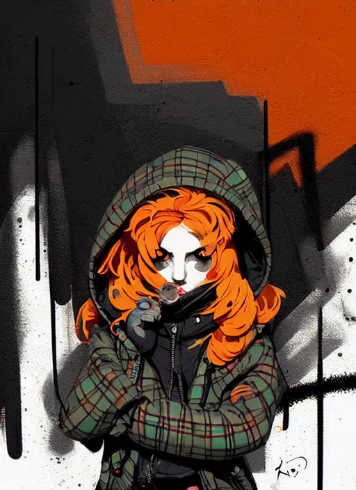 Image similar to highly detailed portrait of a sewer punk lady, tartan hoody, blonde ringlet hair by atey ghailan, by greg rutkowski, by greg tocchini, by james gilleard, by joe fenton, by kaethe butcher, gradient orange, black, blonde cream and white color scheme, grunge aesthetic!!! ( ( graffiti tag wall background ) )