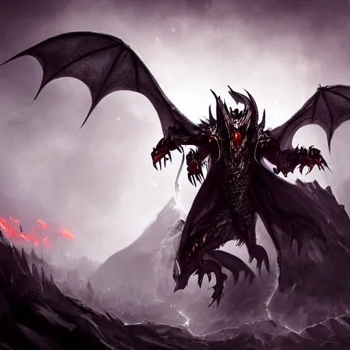 Image similar to dark fantasy concept of a vampire dragon god, with dark matter and molten armor on a mountain, cinematic, dynamic lighting, photorealistic, ultra detailed, trending on art station, stunning visuals, creative, hyper detailed