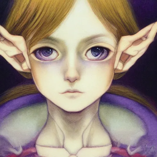 Image similar to little elf tomboy, tunic, soft hair. light color palate, purple, yellow and white. detailed soft painting, ayami kojima, made in abyss, anatomically correct, inspired in balthus, high detailed face anime