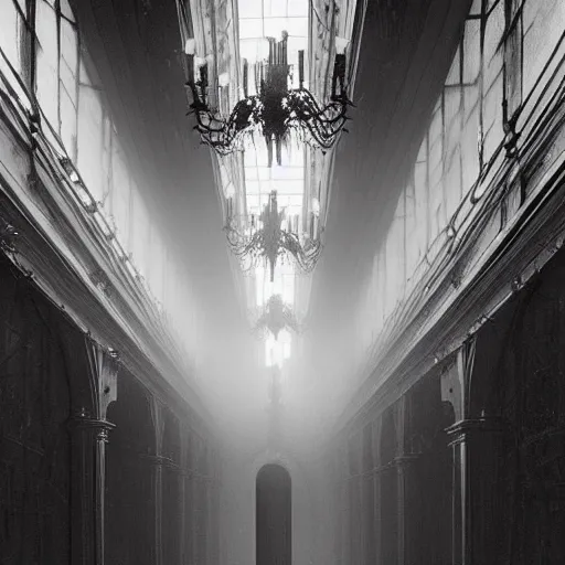 Image similar to a long hallway of mirrors. victorian interior, with many mirrors, spiders and spiderwebs everywhere, elegant design, haunting atmosphere, dark lighting, gothic, horror style, scary, swirling fog, volumetric lighting, by greg rutkowski, dutch angle,