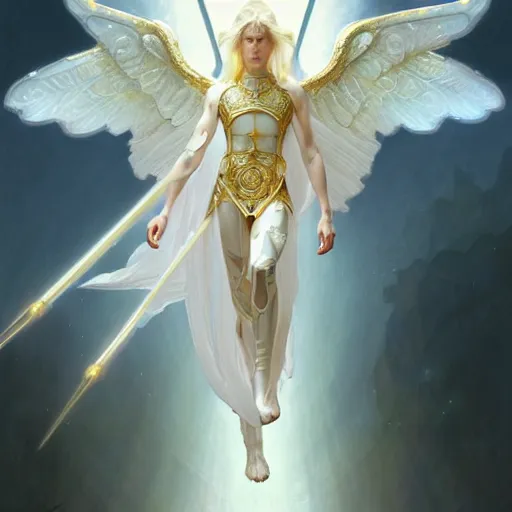 Image similar to the pale blond male angel of battle lucius wearing a white periwinkle, sci fi, glowing eyes, volumetric lights, gold theme, art nouveau botanicals, intricate, highly detailed, digital painting, artstation, concept art, smooth, sharp focus, cinematic, illustration, beautiful face, art by artgerm and greg rutkowski and alphonse mucha