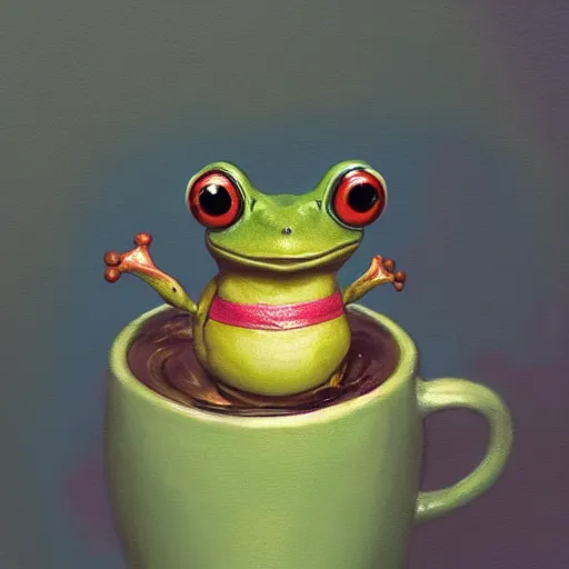 Image similar to soulful long shot of a very cute frog baby sitting in a coffee cup, by esao andrews, by m. w. kaluta, very humorous illustration, small depth of field, perspective perception, volumetric light, warm cosy colors, night scenery, low light, unreal engine 5, 8 k, conceptart, hyperdetailed, hyperrealistic, trending on artstation