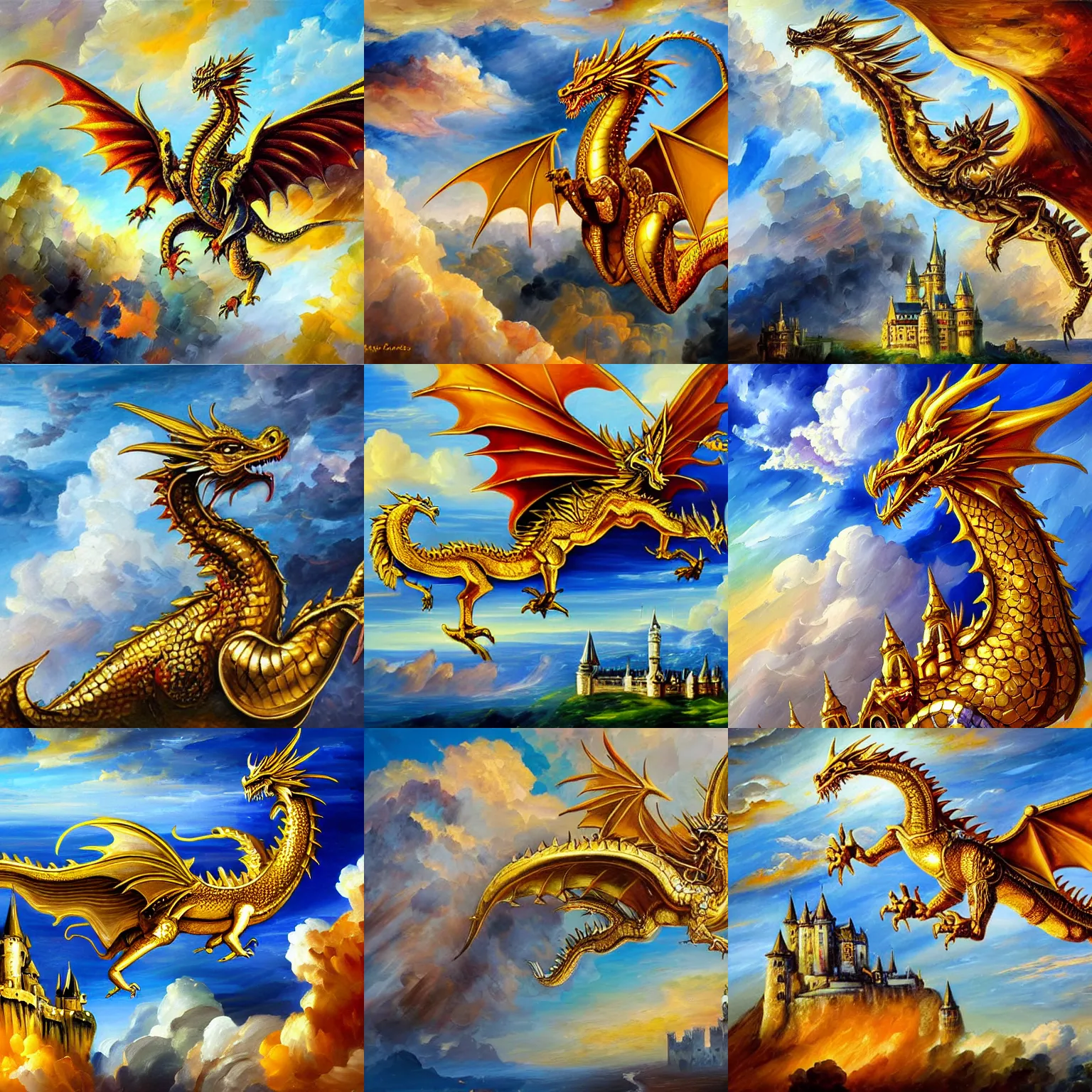 Prompt: A highly detailed oil painting of an ancient gold dragon flying through the clouds over a huge castle, by Afremov