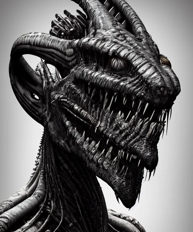 Image similar to a portrait of a yautja predator by hr giger, sci fi, predator movie, crisp 8 k line art, digital painting, artstation, unreal engine, octane render, emissive lighting, concept art, matte, sharp focus, hyper realistic lighting, illustration