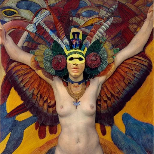 Prompt: the hawk queen in her butterfly mask, by annie swynnerton and diego rivera and elihu vedder and lucien freud and jean delville, symbolist, dramatic lighting, elaborate geometric ornament, head and shoulders view, art brut, soft cool colors, smooth, sharp focus, extremely detailed, adolf wolfli, leo and diane dillon, nicholas roerich