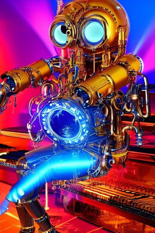 Prompt: portrait photo of a giant huge golden and blue metal humanoid steampunk robot piano player with multicolored big gears and tubes, a red piano, eyes are glowing red lightbulbs, shiny crisp finish, 3 d render, 8 k, insaneley detailed, fluorescent colors, background is multicolored lasershow