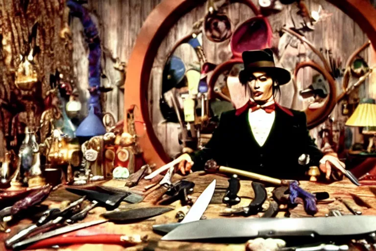 Image similar to cinematic still of deranged johnny depp showing off his knife collection in willy wonka & the chocolate factory film directed by tim burton, movie still, long lens, shallow depth of field, bokeh, anamorphic lens flare