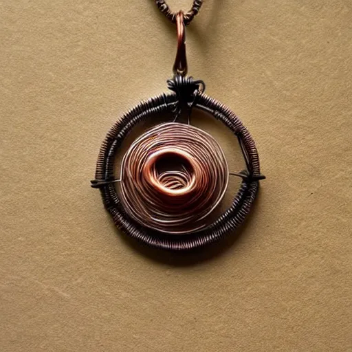 Image similar to a beautiful circular pendant that is half sand half dirt and bound together by copper wire