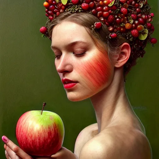 Image similar to portrait made of apples and fruit, fantasy, intricate, elegant, highly detailed, lifelike, photorealistic, digital painting, artstation, illustration, smooth, sharp focus, art by scott davidson, albert aublet, krenz cushart, artem demura, mucha, giuseppe arcimboldo