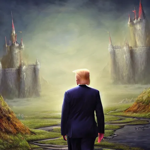 Image similar to Donald trump walking, perfect fces. | background = fantasy art landscape, fantasy city, fantasy kunst, fantasy castle, fantasy house, architecture mystery, artstation, house illustration