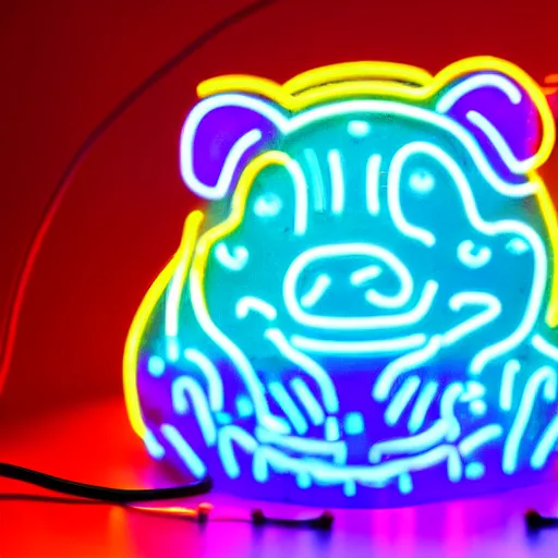 Prompt: cyberpunk hamster made of neon lights holding a rainbow gem crystal, light reflection, 8 k, hd, logo