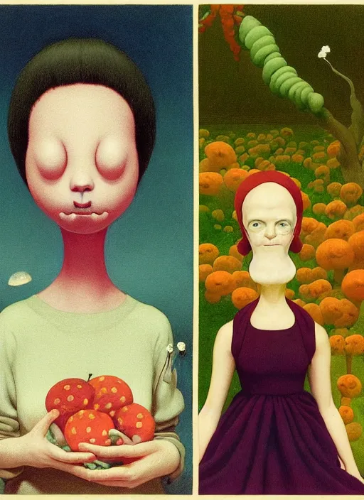 Image similar to Louise from Bob's Burgers eats of the Strangling Fruit and Her polyp blossoms bring iridescent fungal flowers whose spores black the foolish stars wearing a mycelium knit gown, Edward Hopper and James Gilleard, Zdzislaw Beksinski, Mark Ryden, Wolfgang Lettl highly detailed, hints of Yayoi Kasuma, Odilon Redon. Drexler