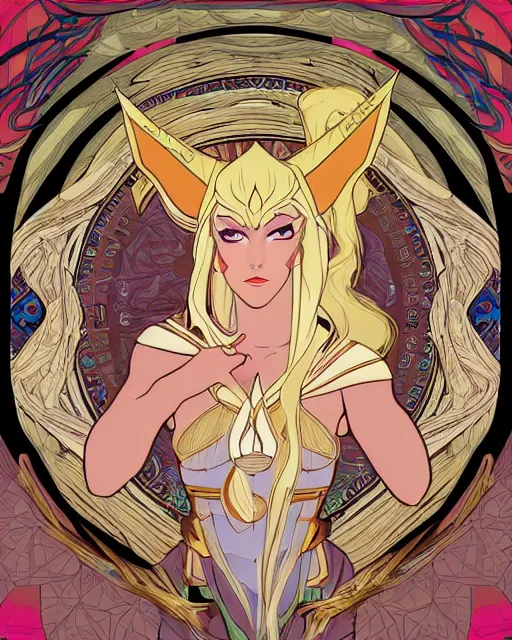 Image similar to She-Ra, long blonde hair, symmetrical portrait RPG avatar, by Mucha, intricate, 8k,