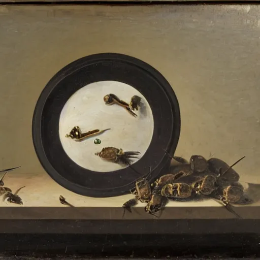 Prompt: classic still life of a large pile of dead small black flies served on a round silver platter on a wooden table, oil on canvas, highly detailed