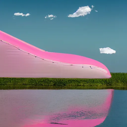 Image similar to dreamland blush colored sky with light feathery pink clouds on a reflective waveless flat open infinite lake mirroring the sky with a giant inflatable waterslide in the middle