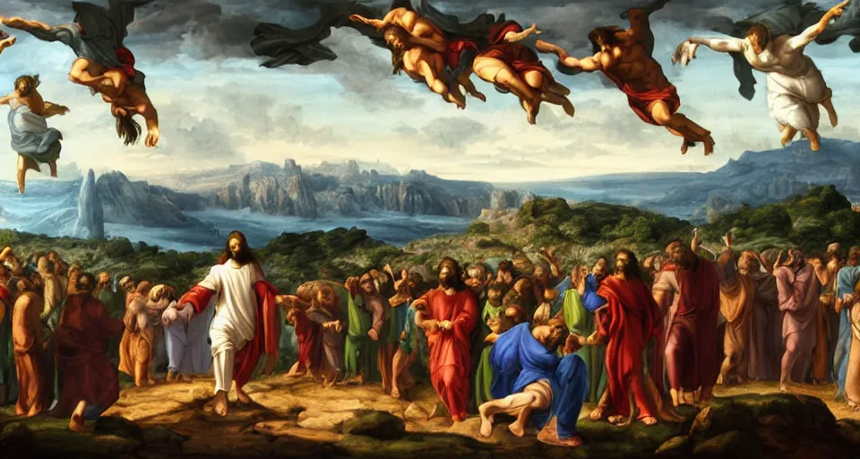 Prompt: jesus dabs in front of the apostles, matte painting, concept art, michaelangelo