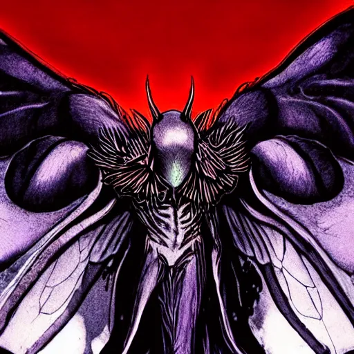 Image similar to 4K headshot of mothman holding something and bloody clothes with giant wings , intricate face , flawless anime cel animation by Kentaro Miura,psychedelic , highly detailed upper body , professionally post-processed , beautiful, scary, symmetry accurate features, epic, octane rendered, anime masterpiece, accurate