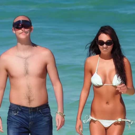 Image similar to photo of a 2 2 year old man that looks young for his age dating a very attractive and completely legal 1 8 year old woman wearing a bikini.