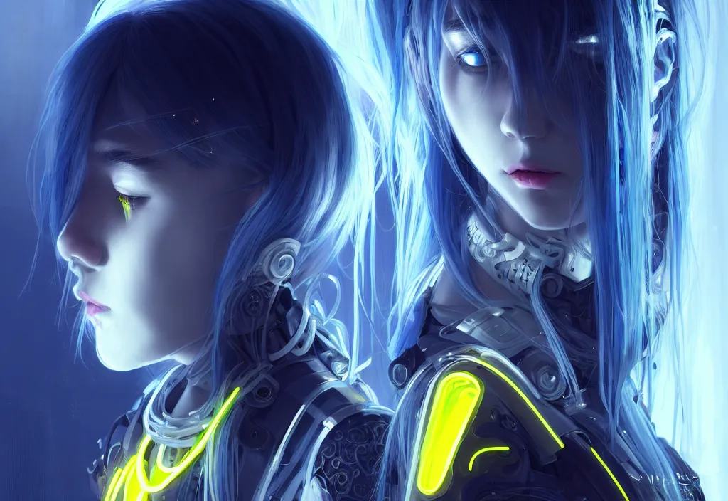 Image similar to portrait grey blue hair of futuristic ploice girl, matt black plus little yellow color armor, ( in future shibuya japan night ), ssci - fi and neon light fantasy, intricate and beautiful and elegant, highly detailed, digital painting, artstation, concept art, smooth and sharp focus, illustration, art by tian zi and wlop and alphonse mucha