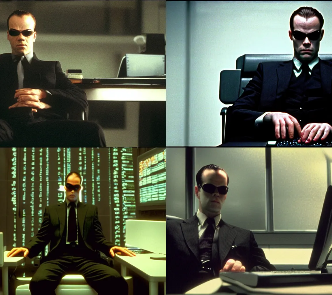 Prompt: Agent Smith sitting in his office and clicking his keyboard, he looks Bored, he is waiting to get a beta access to a cool thing. Photorealistic. Still from the movie The Matrix.