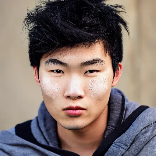 Prompt: a young asian man with a very square face, very short thick curly black hair and swarthy skin with mild pimples. close - up portrait