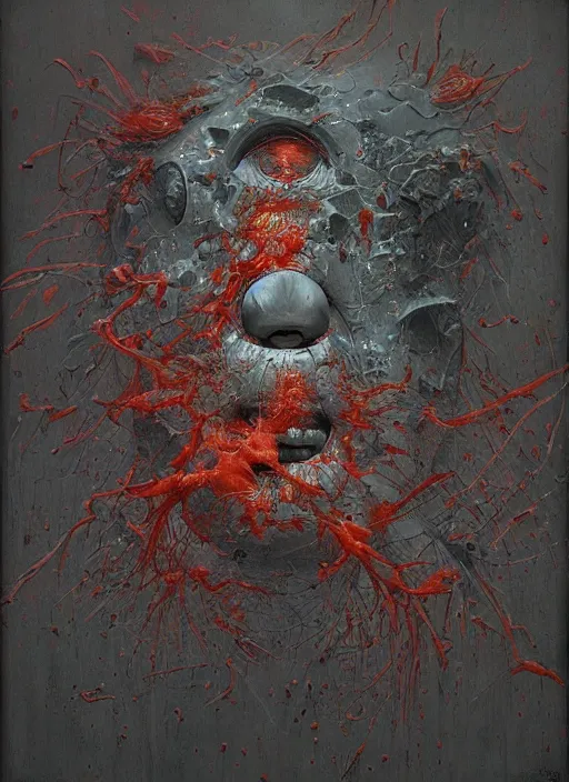 Image similar to a smooth grey cube being devoured by extremely detailed splatters of abstract paint, engulfed in flames in the style of james jean, pascal blanche, surreal, beksinski, high detailed