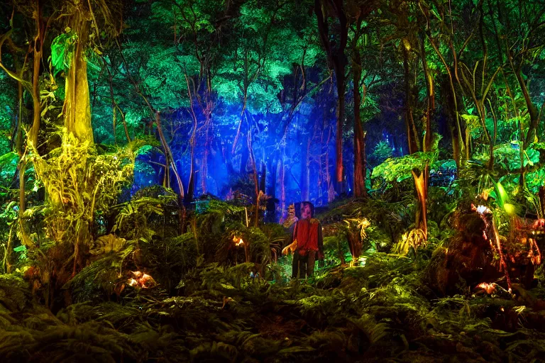 Image similar to scene still of avatar variety bioluminescent forest at night. 4 k cinematic cg weta weta weta color grading lut balance perfect lighting