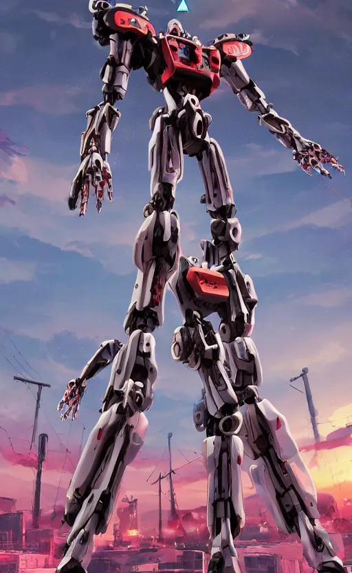 Image similar to < 3 d huge mecha > in the style of < neon genesis evangelion > with a < mechanical guitar > in hand, movie poster, < full body robot >, 3 d anime, arcane style, retropunk, steampunk, high resolution, 4 k, retrofuturism, studio ghibli, simon stalenhag