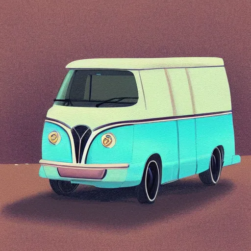 Image similar to retro painting illustration of a volswagen van, 2 d, pastel color, retro style art, trendy on artstation