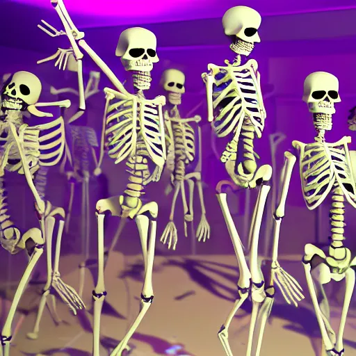 Image similar to photo, a giant crowd of realistic anatomically correct claymation skeletons dancing sensually and cool inside a colorful futuristic night club, blue edge lighting