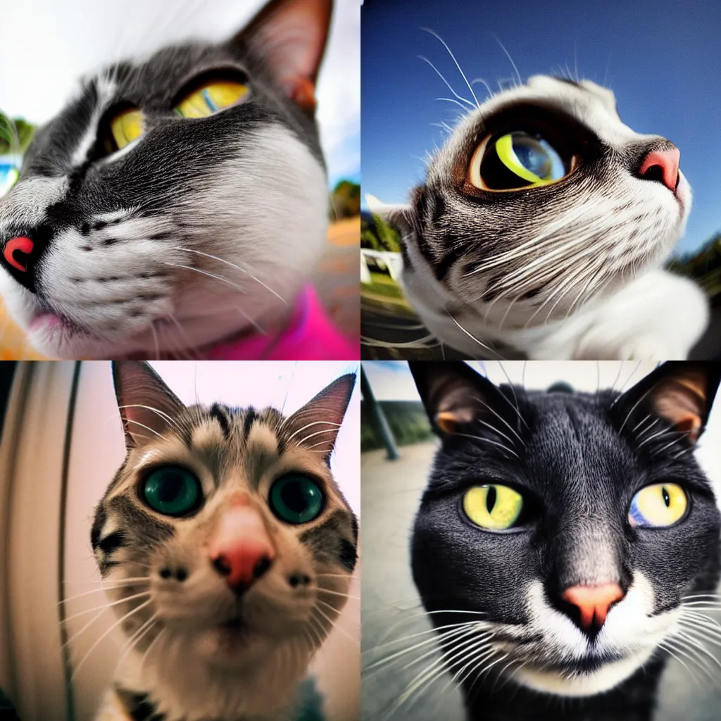 Prompt: Fisheye lens distortion extreme closeup of a cat onto gopro