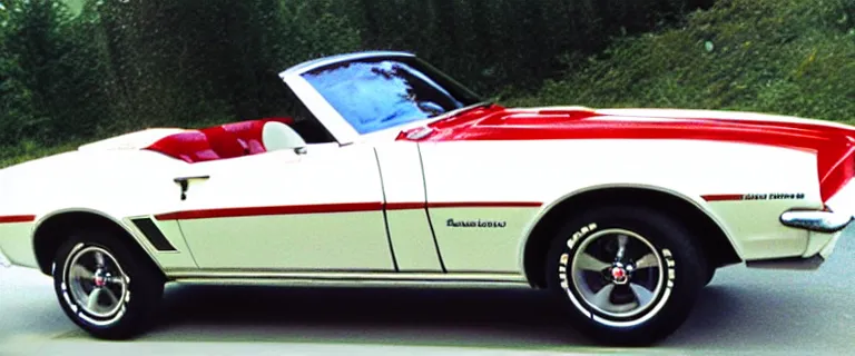 Image similar to Ermine White Chevrolet Camaro Z/28 Convertible (1967) with red interior, created by Barclay Shaw