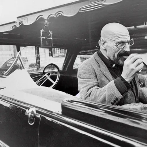 Prompt: walter white eating cheese in an old 1900's automobile