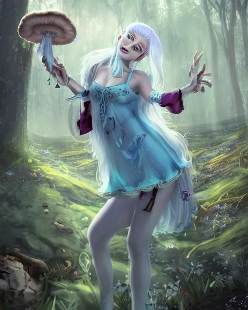 Image similar to girl with white hair and mushroom dress, fantasy swamp, bizarre, illustration, scifi, radiant, beautiful, atmosphere, harmony, top lighting, blue eyes, focused, perfect composition, artstation, highly detailed, art by yuhong ding and chengwei pan and serafleur and ina wong