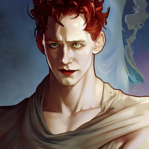 Image similar to hisoka, young tom hiddleston, cel - shaded animesque art by artgerm and greg rutkowski and alphonse mucha, smooth white skin, smirking face, reddish hair, d & d, fantasy, feminine portrait, highly detailed, digital painting, trending on artstation, concept art, sharp focus, illustration