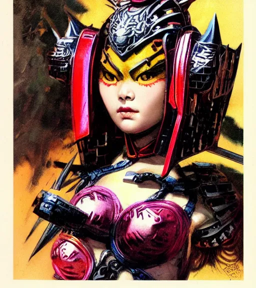 Image similar to portrait of strong korean female chaos angel, beautiful! coherent! by frank frazetta, by brom, strong line, vivid neon color, spiked scrap metal armor, iron helm, high contrast, maximalist