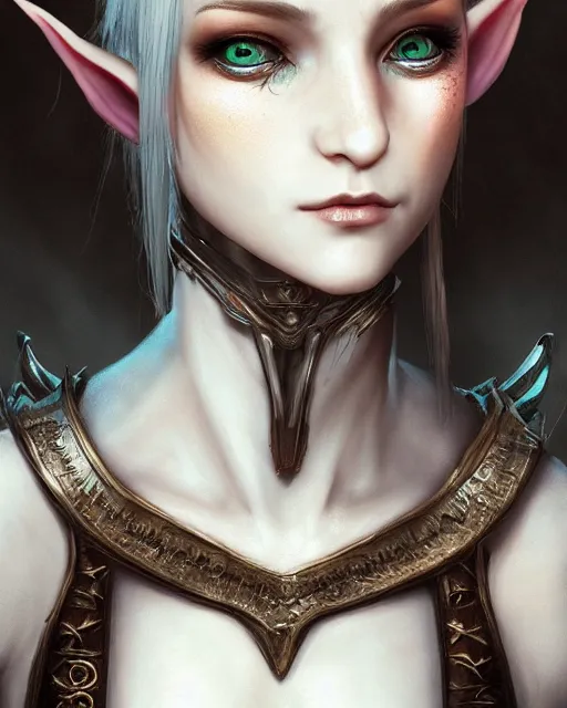 Prompt: portrait of a beautiful female elf with shimmering hair, symmetrical face and eyes, cgsociety, Elden Ring, Dark Souls, Bloodborne