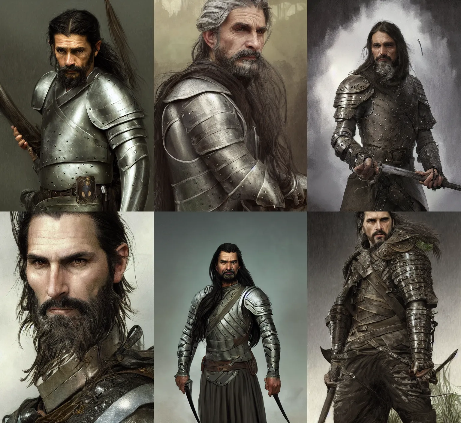 Prompt: medium-length portrait of a male ranger with long dark gray hair in a ponytail, a scraggly goatee, white skin, gray eyes, stern expression, intricate gray-green leather armor, medieval setting, highly detailed, digital painting, artstation, concept art, sharp focus, illustration, art by greg rutkowski and alphonse mucha