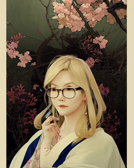 Prompt: japanese painting of a middle aged blonde lady with glasses, illustration, art by artgerm and greg rutkowski and alphonse mucha