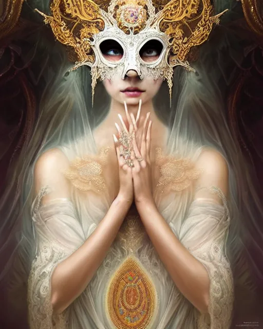 Image similar to beautiful ethereal maiden in a ivory masquerade mask intricate ornate fractal-lace and gemstones, wearing stunning ivory dress, ivory gold iridescent, full view, soft lighting, vivid, Hyperdetailed, 4k hd matte painting by Artgerm, Greg Rutkowski, Klimt, James Jean, 8k resolution, enchanting and otherworldly, Artstation, CGsociety, detailed, front view