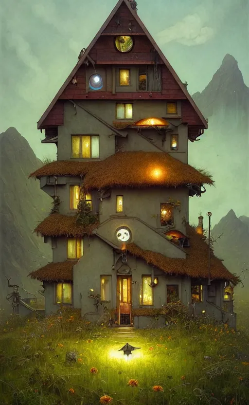 Prompt: a hyper realistic witchy cottage with solar panels on a tall hill, mountains, atmospheric lighting, lush foliage, painting by chiara bautista and tom bagshaw, mucha, beksinski and norman rockwell and greg rutkowski weta studio, and lucasfilm