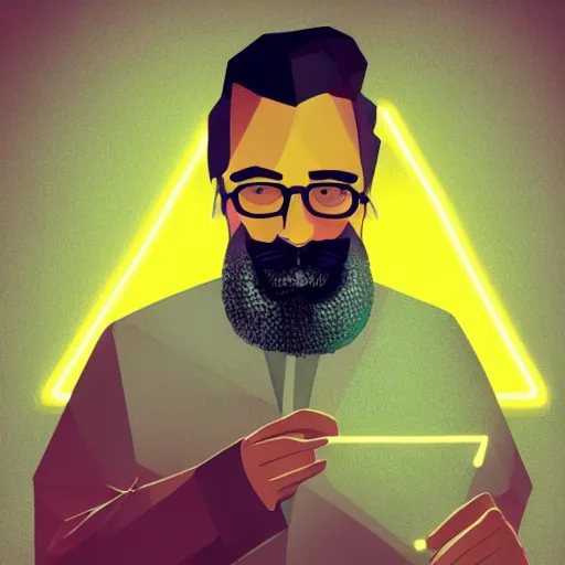 Image similar to Old mathematician with a beard holding a neon triangle in his hand , digital painting , digital art , artstation , devian art , HD , 4k