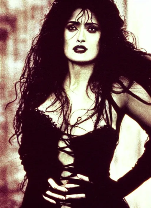 Prompt: cellphone photo of salma hayekas a gothic vampire in the 1990s