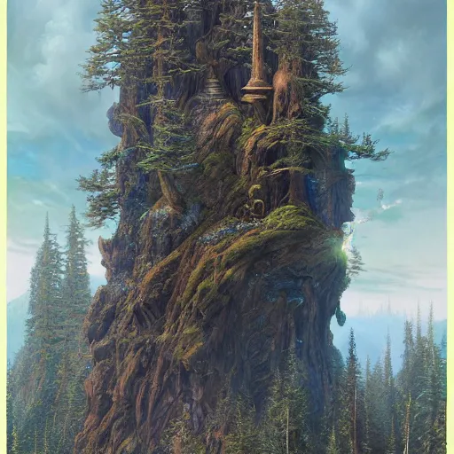 Image similar to Large forest with great magical stone Wizard tower standing proudly above the treeline, wide angle, cinematic, art by Donato Giancola and Bayard Wu, digital art, trending on artstation