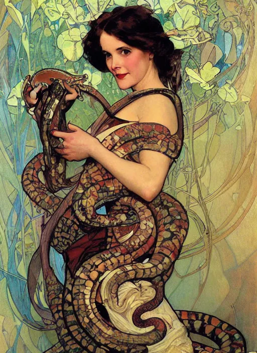 Image similar to an art nouveau copic maker impresionist painting of a woman holding a snake by john berkey by stanley artgerm lau, alphonse mucha, loish, norman rockwell